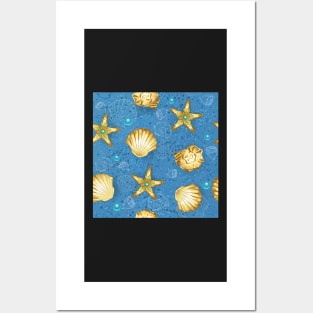 Blue seamless of gold seashells Posters and Art